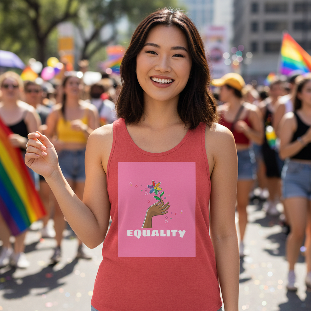 Equality Unisex Tank Top with “EQUALITY” and a rainbow flower