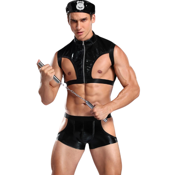 Front-facing model in a black faux-leather police costume holding a chain baton