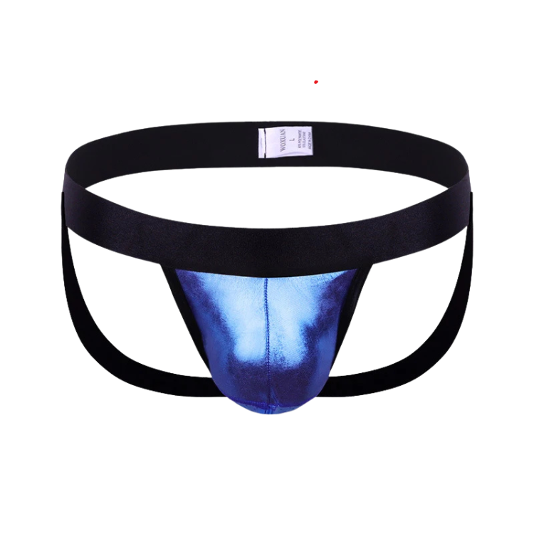 Front-facing black open-back thong with a shiny blue pouch, shown against white