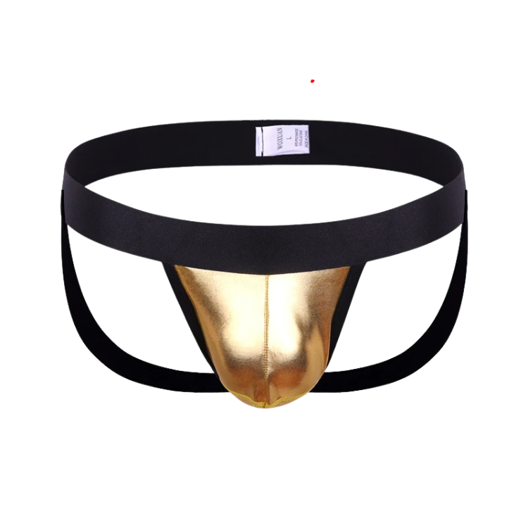 Front view of a black open-back thong with a metallic gold pouch
