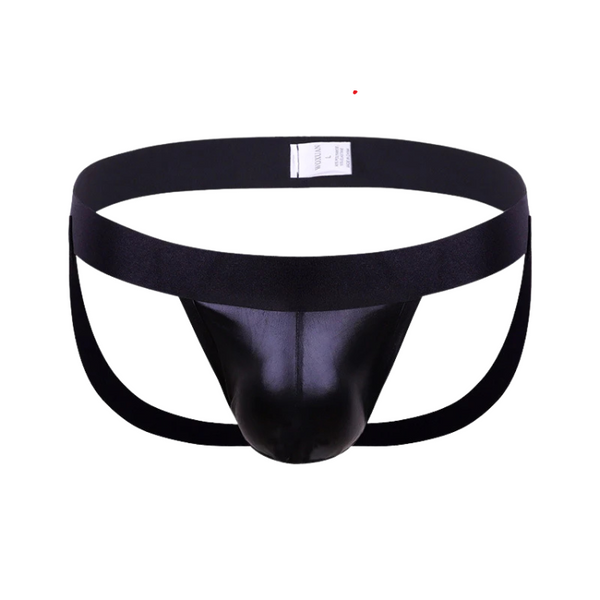 Front view of a black open-back thong with a wide waistband and pouch