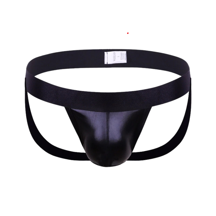Front view of a black open-back thong with a wide waistband and pouch