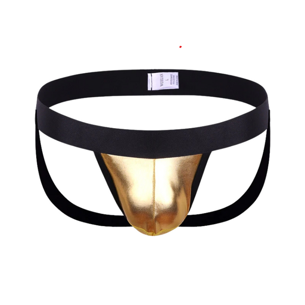 Front view of a black open-back thong with a metallic gold pouch