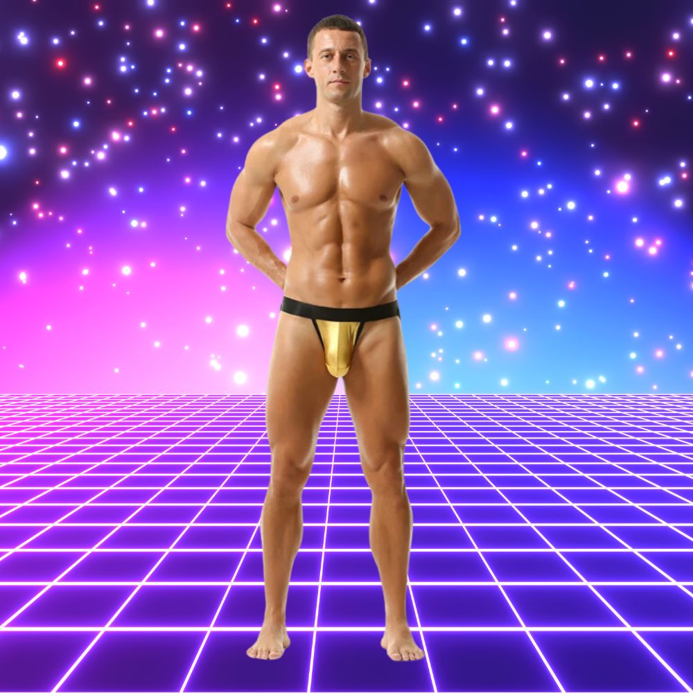 Front-facing model wearing a black-and-gold open-front thong on a neon grid backdrop
