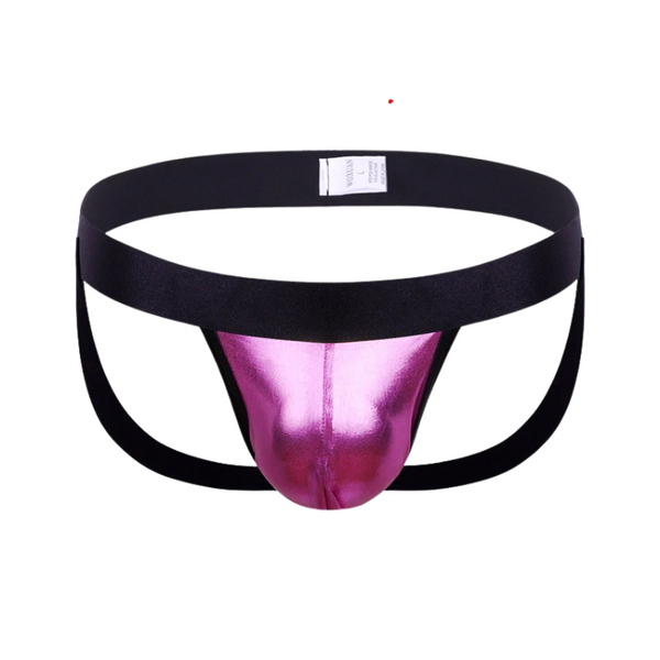 Front view of a black open-back thong with a shiny purple pouch