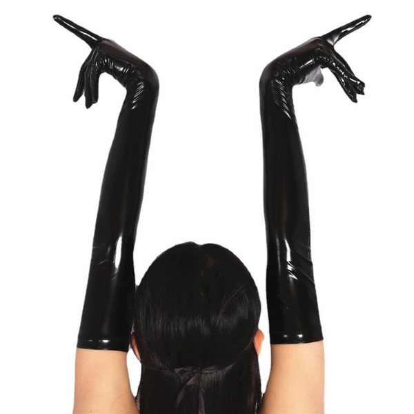 Back view of a person raising both arms in glossy black opera-length gloves