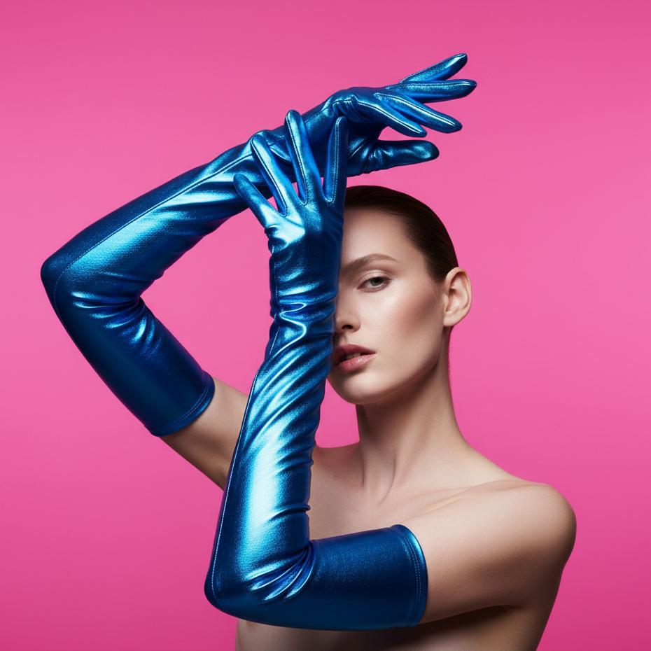 Model posing in shiny blue elbow-length gloves against a pink background