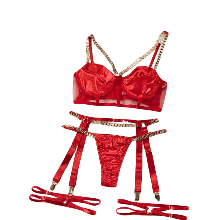 Red satin lingerie set with underwire bra, thong, gold chain straps, and garters