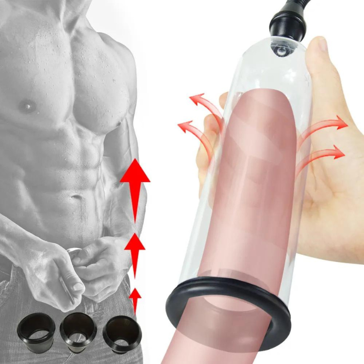 Clear manual penis pump shown on an erect penis, with red suction arrows and three black rings