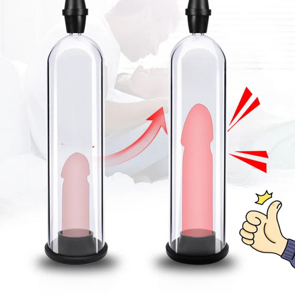 Illustration of two clear penis pumps showing before-and-after size comparison