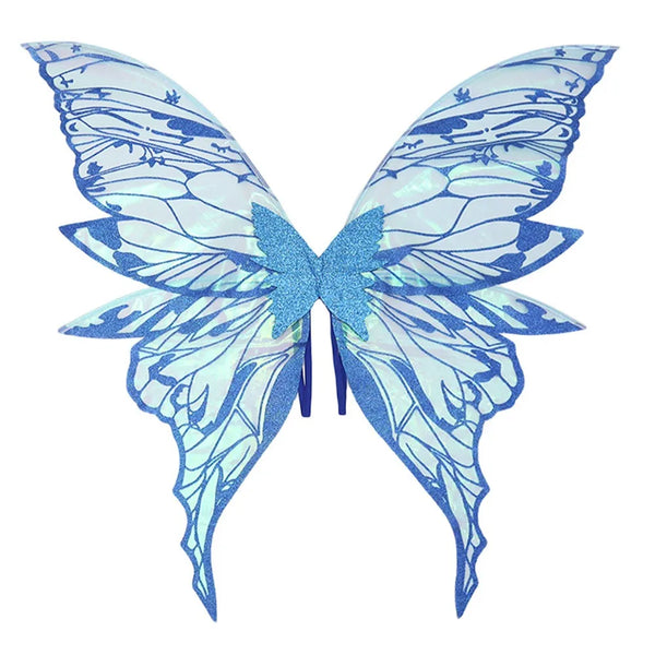 Pair of blue and pale iridescent butterfly-style fairy wings shown flat against a white background