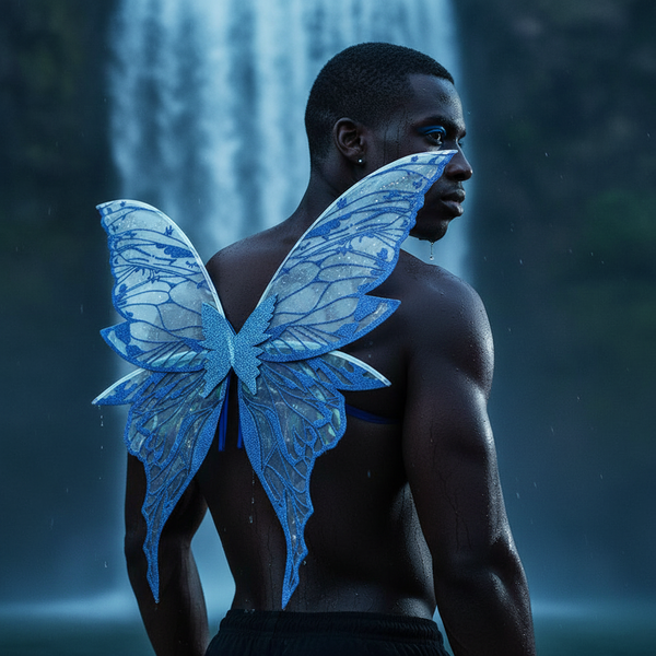 Muscular person in shimmering blue Etheral Fairy Dress-Up Wings and bold blue eye makeup stands by waterfall, back wet