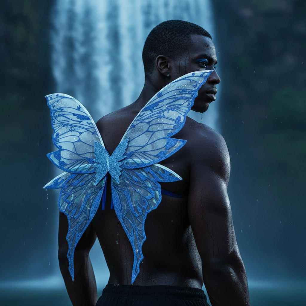 Muscular person in shimmering blue Etheral Fairy Dress-Up Wings and bold blue eye makeup stands by waterfall, back wet