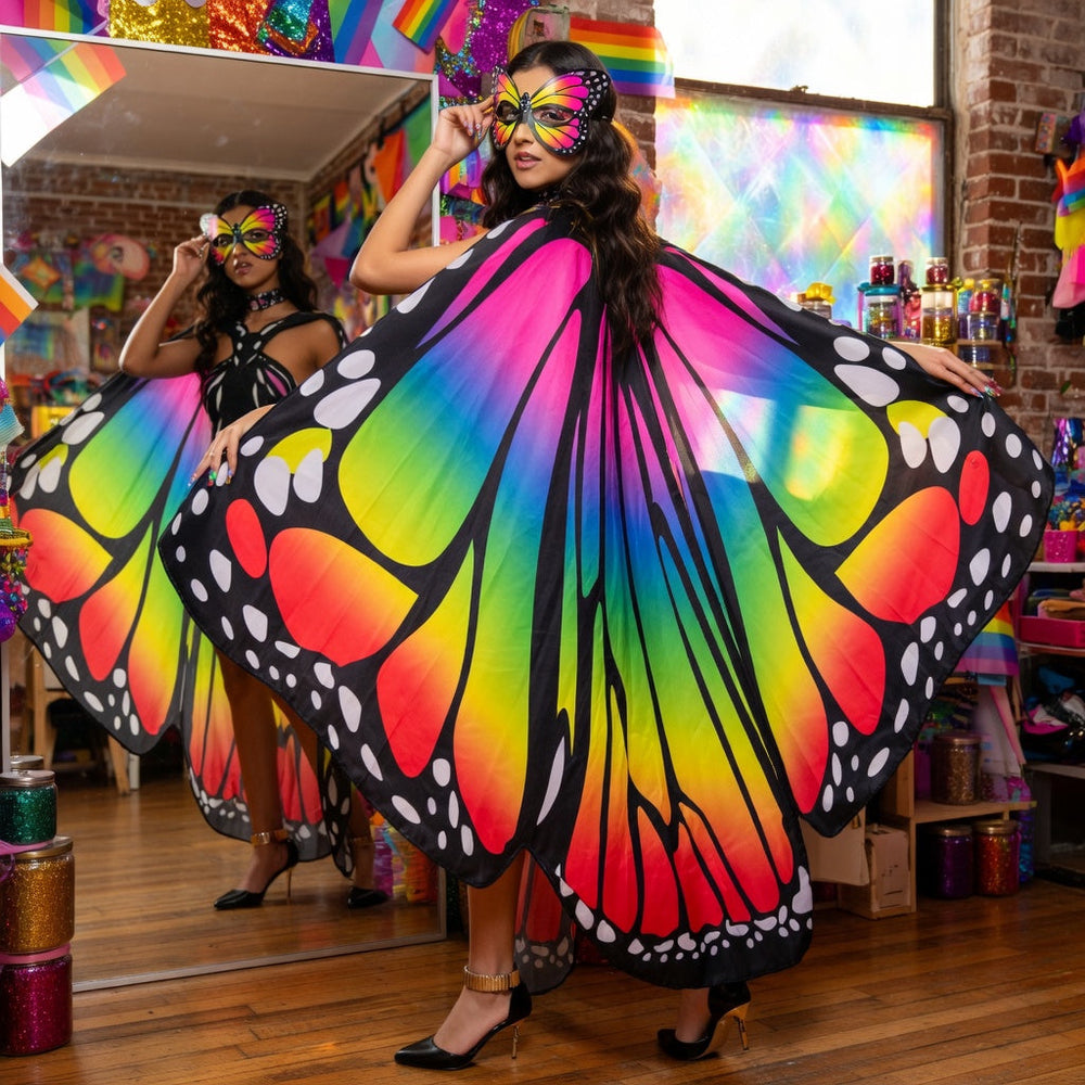 Model wearing rainbow Euphoria Butterfly Fantasy Wings in a glittering queer party room