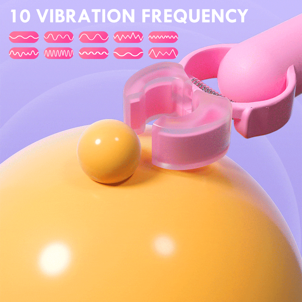 Pink electric nipple clamps with a yellow control ball and 10 vibration patterns shown