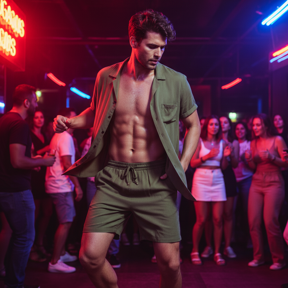 Olive short-sleeve shirt and matching drawstring shorts worn open at a nightclub