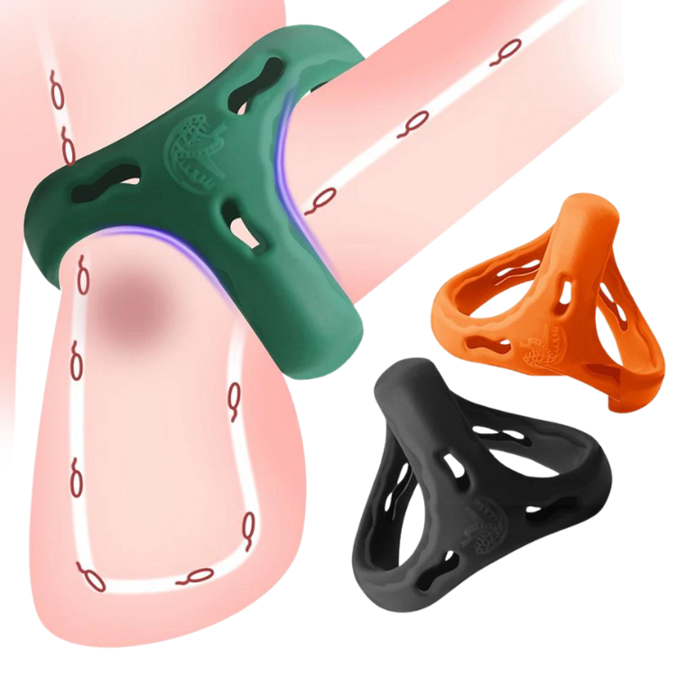 Three silicone penis rings in green, orange, and black over a pink abstract background