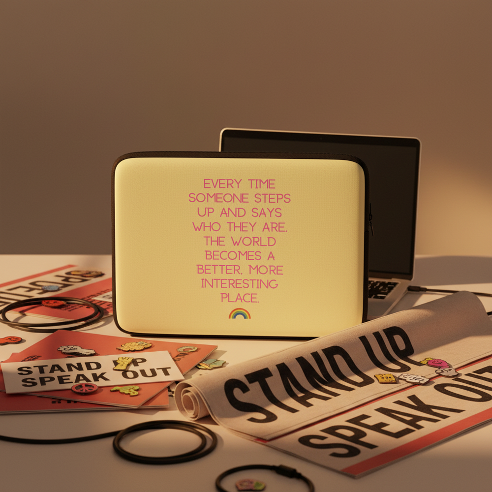 Yellow card wallet with pink quote: “Every time someone steps up and says who they are...” plus a rainbow icon