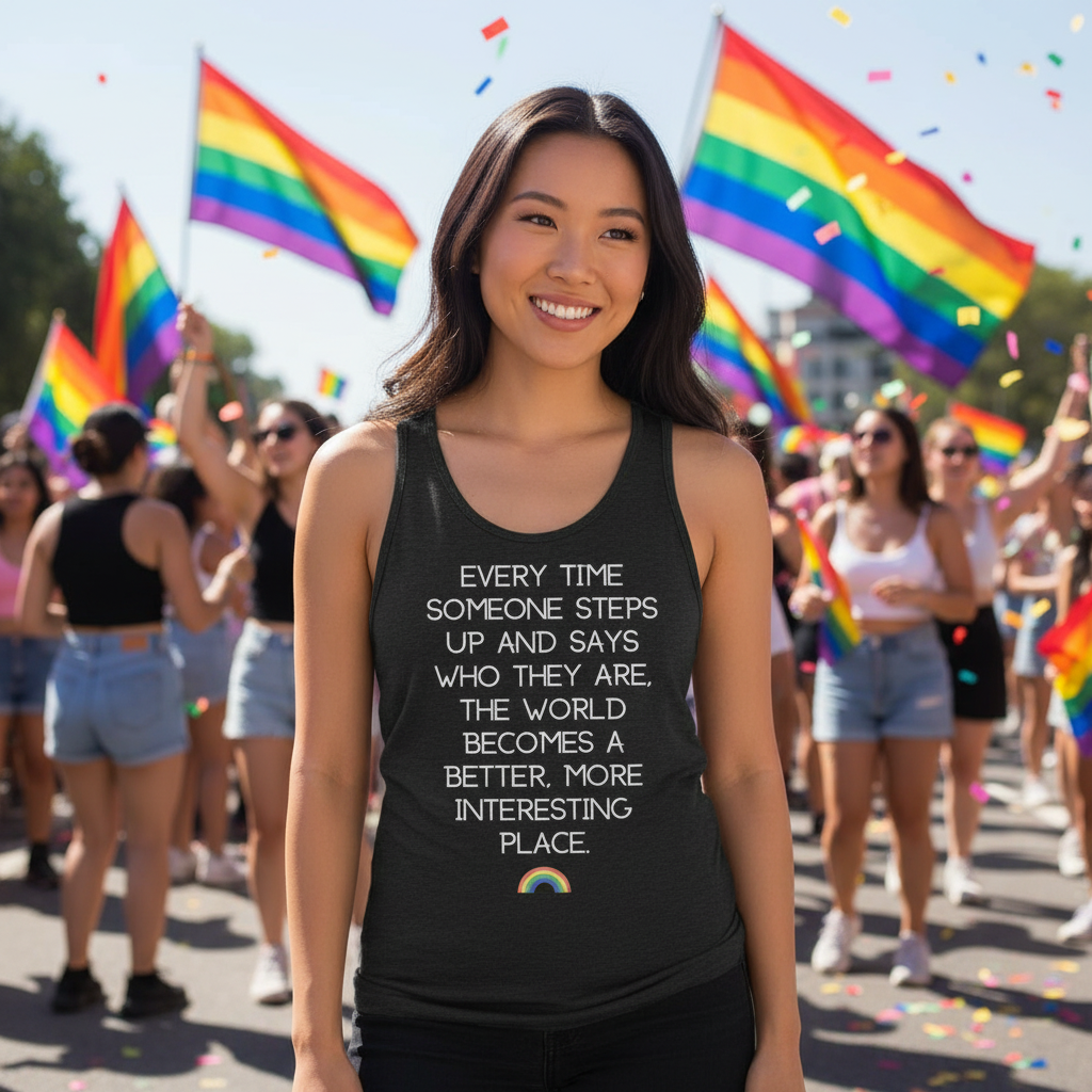 Unisex tank top reading “Every Time Someone Stands Up” worn by a smiling person at Pride