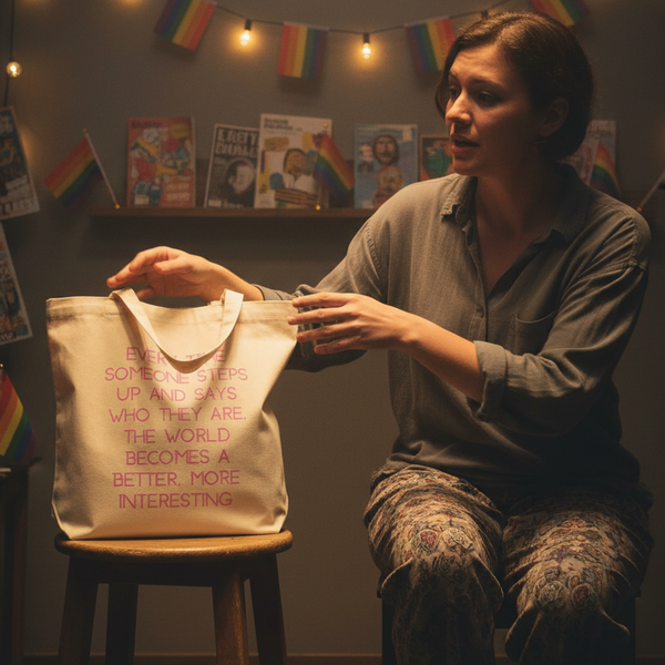 Person presenting a cream tote bag with pink text beside a stool