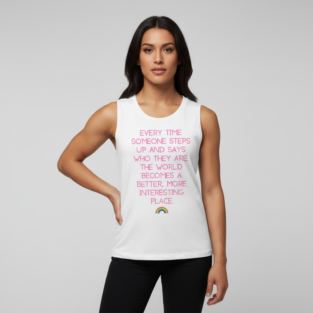 The Every Time Someone Steps Up unisex muscle tank, sleeveless with pink text and a rainbow graphic, serves queer joy
