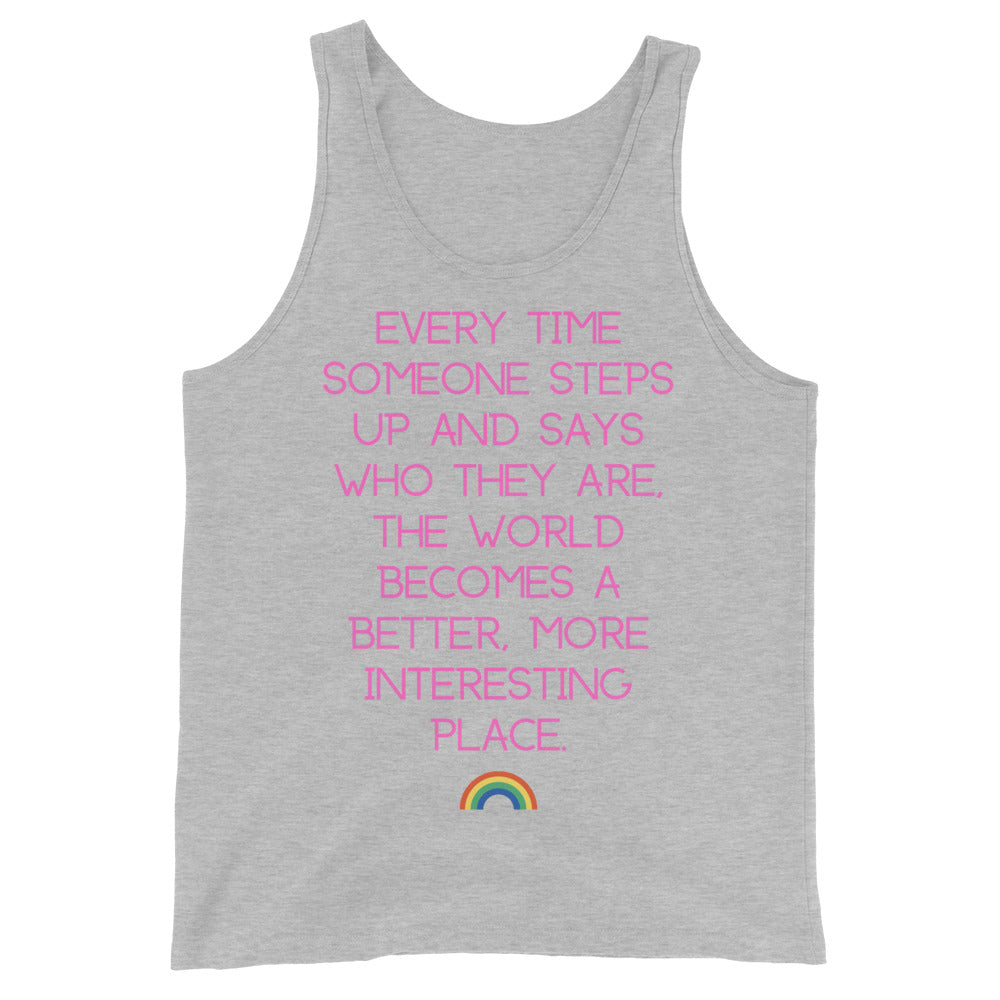 Flat-lay gray tank top with pink quote text and a small rainbow graphic