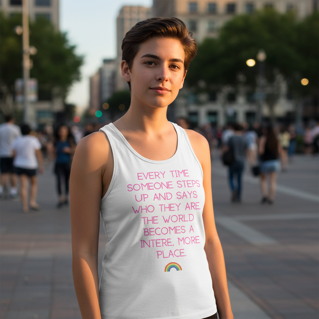 Person wearing a white tank top with pink text and a small rainbow graphic