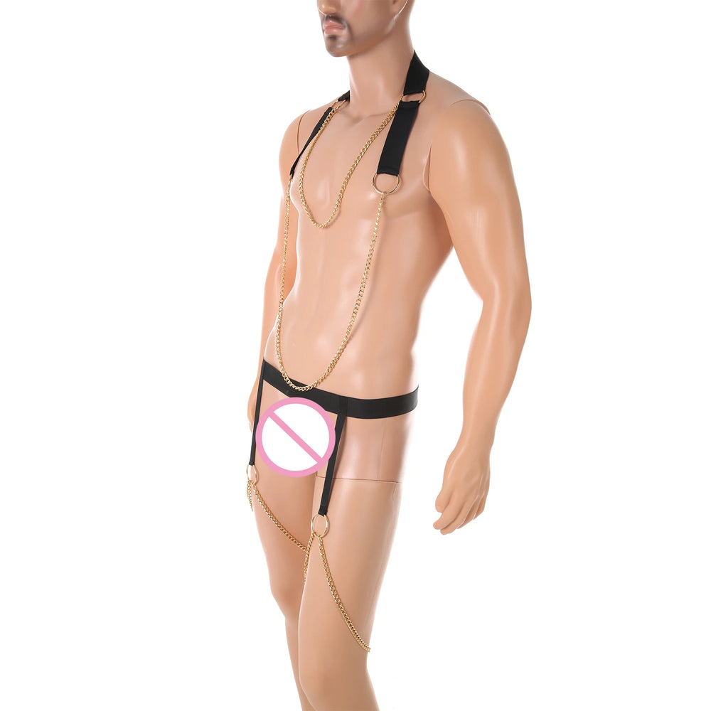 Front three-quarter view of a mannequin wearing a black chain harness with gold-tone chains