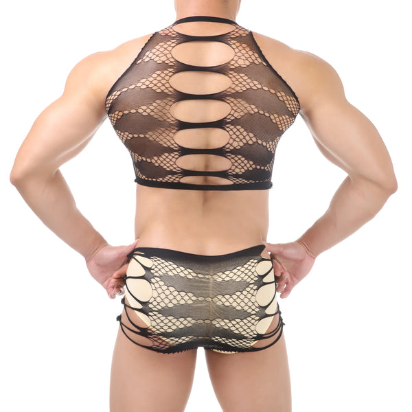Back view of a model wearing a black mesh crop top and matching cutout shorts