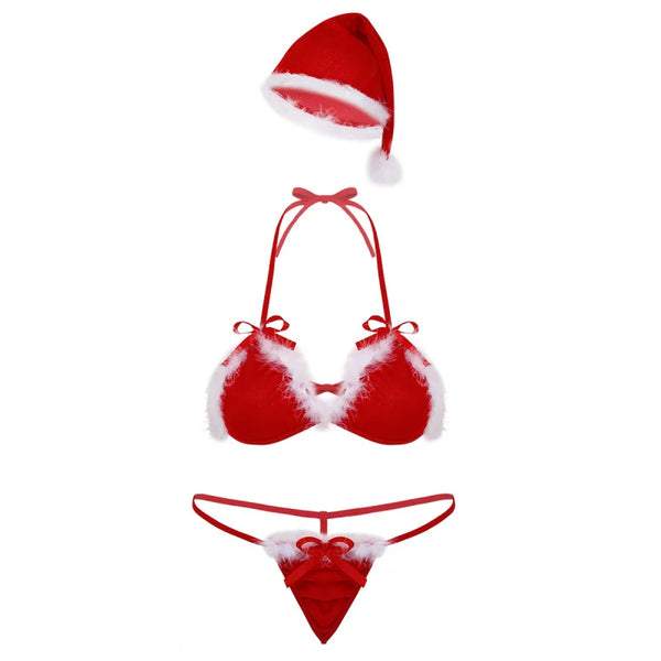 Flat lay of a red fur-trimmed Mrs. Claus lingerie set with Santa hat