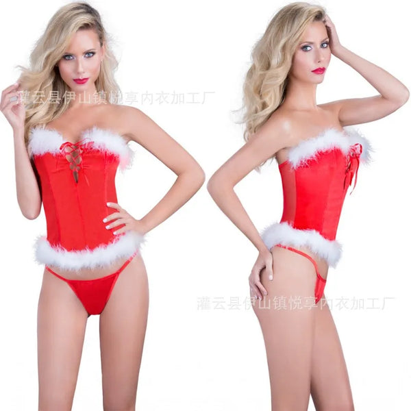 Two views of a model wearing a red strapless Mrs. Claus corset with white faux-fur trim and thong