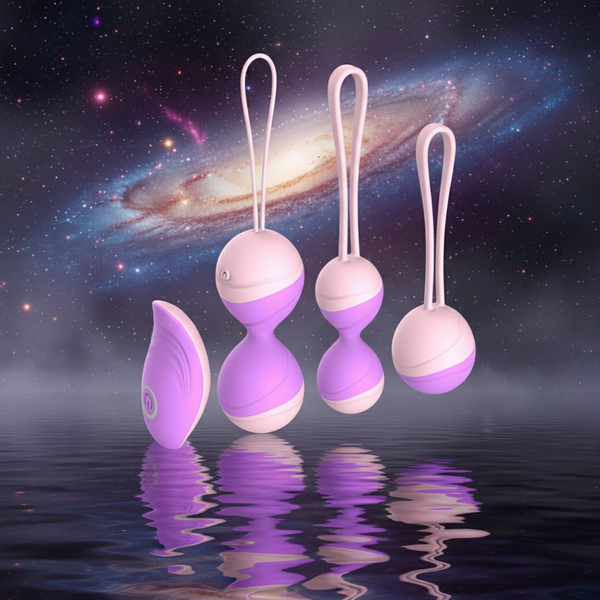 Four pink and purple kegel balls with loop handles above reflective water