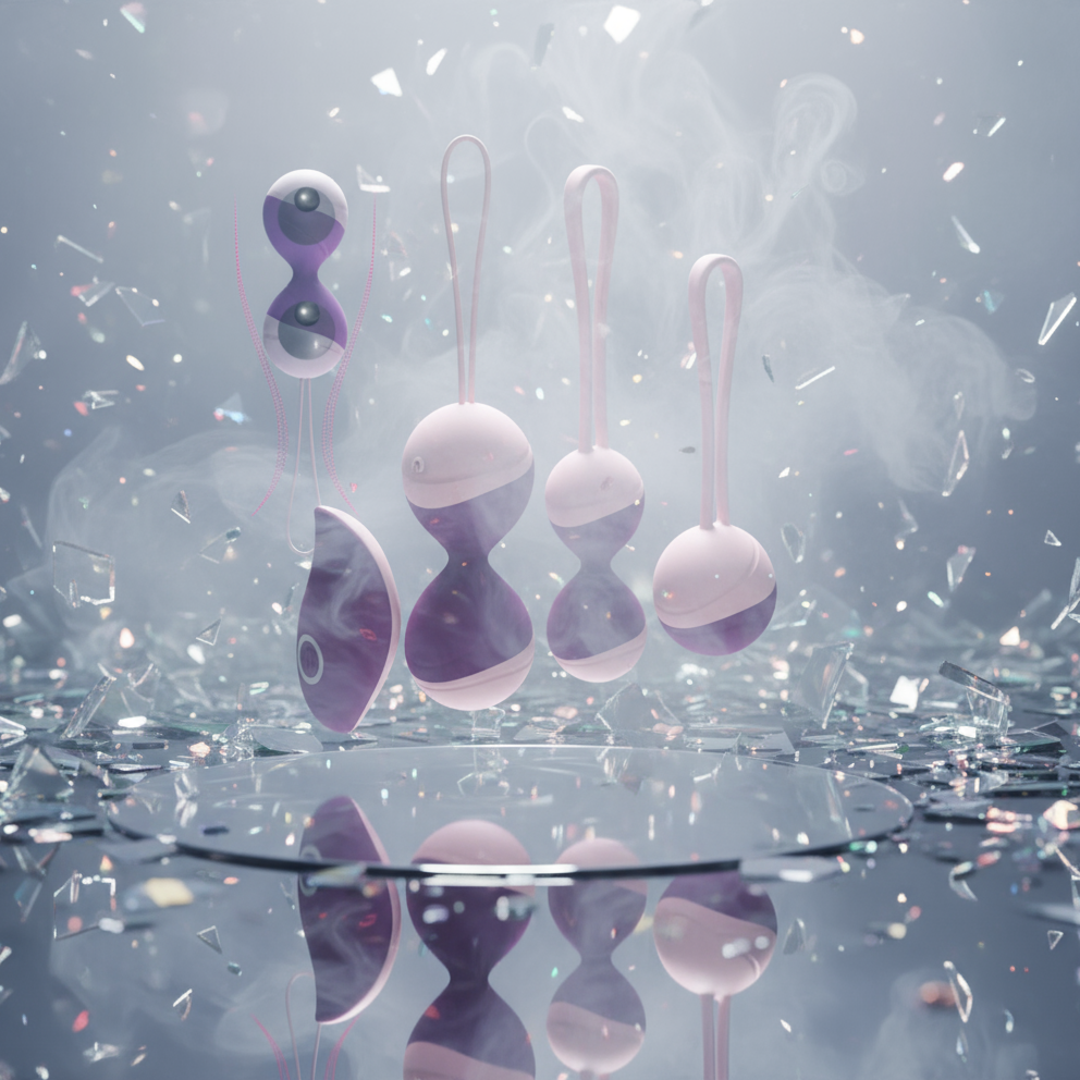 Purple-and-pink kegel balls and a matching remote floating above a reflective surface