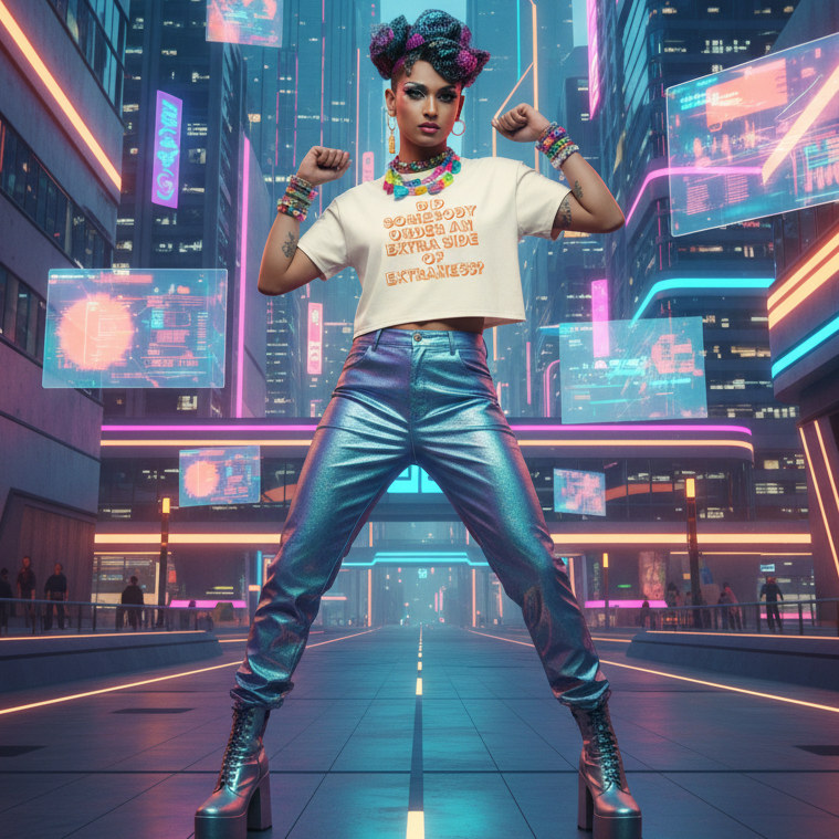 Extra Side Of Extraness Crop Top mixed with holographic pants, platform boots, color-pop accessories