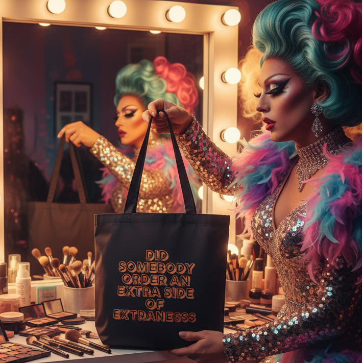 Drag performer holds a black tote reading “DID SOMEBODY ORDER AN EXTRA SIDE OF EXTRANESS”