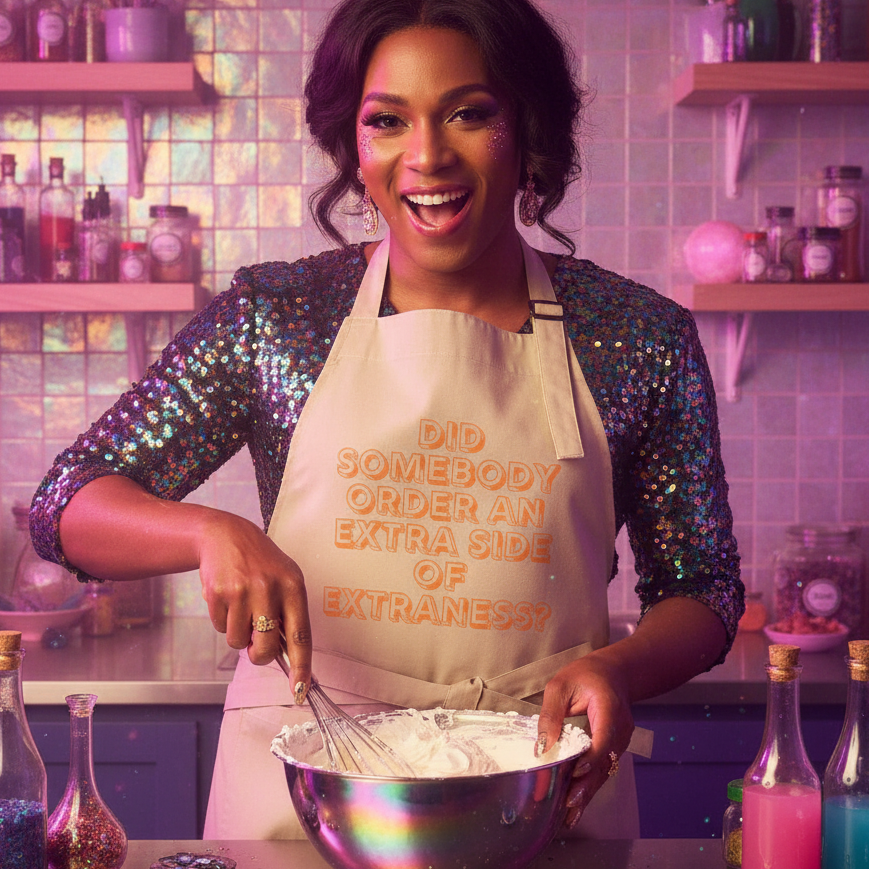 Smiling person in a beige apron reading “DID SOMEBODY ORDER AN EXTRA SIDE OF EXTRANESS?” whisking batter