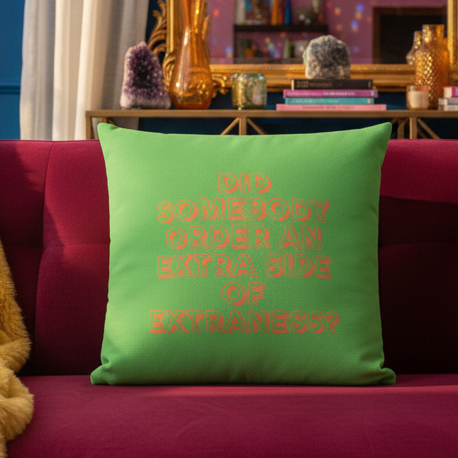 The Extra Side Of Extraness pillow with pink text on a magenta couch, books, crystals, gold décor, yellow blanket
