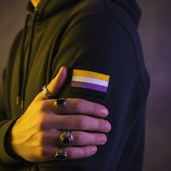 Close-up of a non-binary flag embroidered patch on a black jacket sleeve
