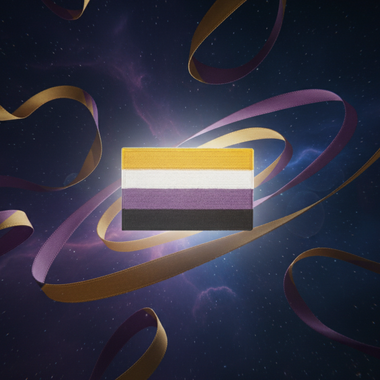 Rectangular non-binary flag embroidered patch floating against a starry space background