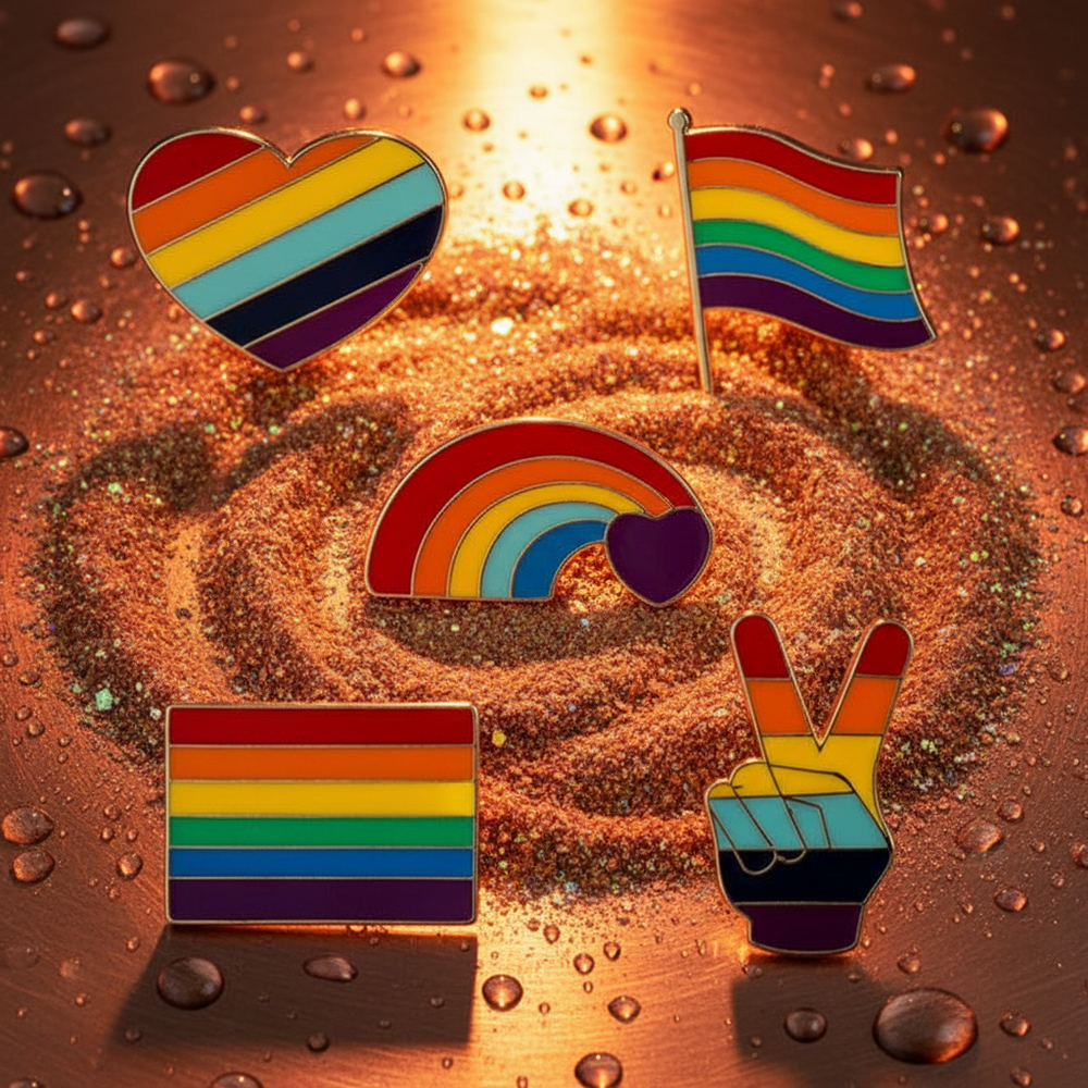 Five rainbow Pride enamel pins arranged on a glittery copper surface