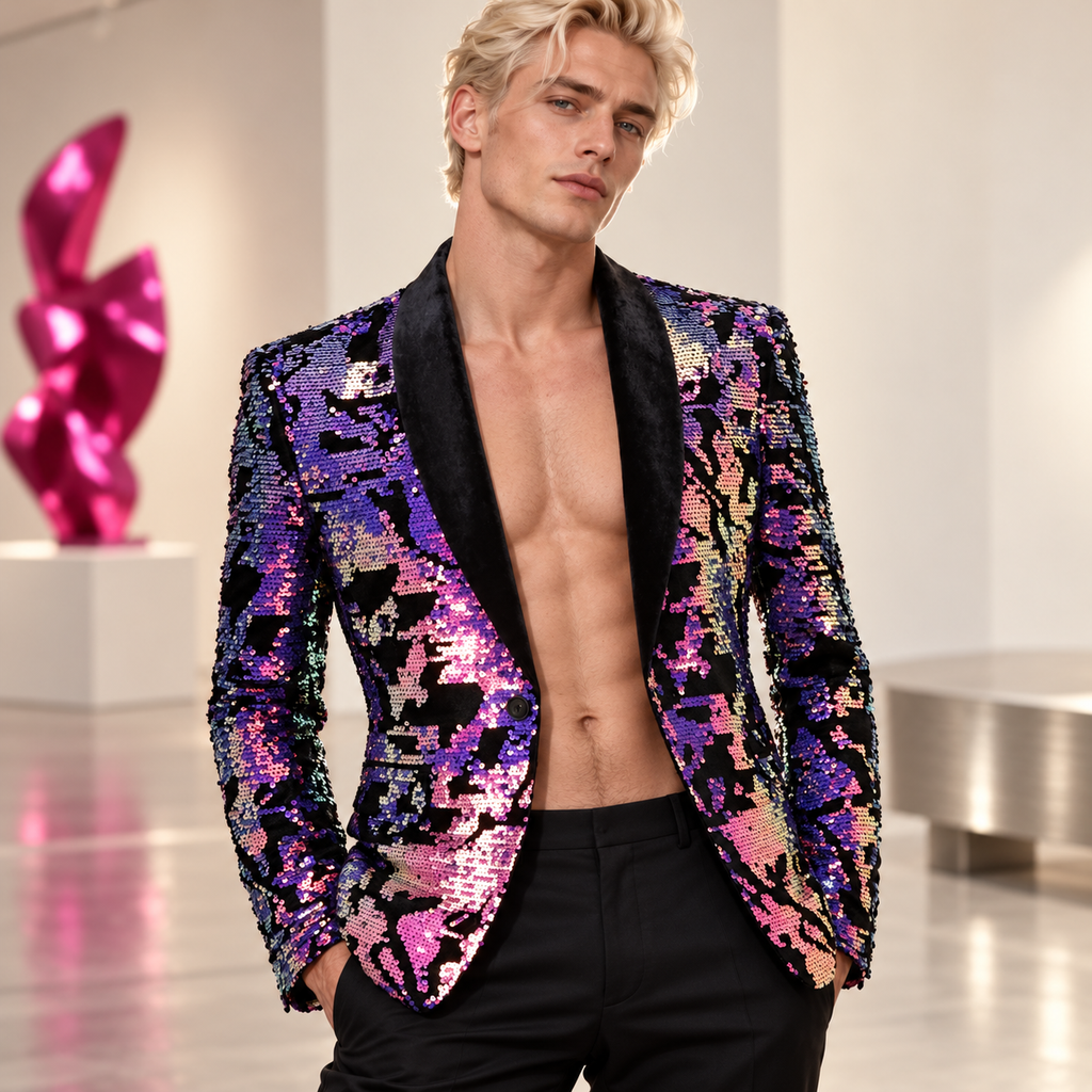 Fabulous Shimmer Sequined Blazer worn by a model.
