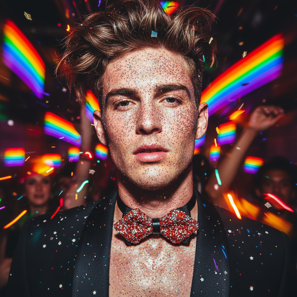 Close-up model wearing a red and silver glitter bow tie at a rainbow-lit celebration