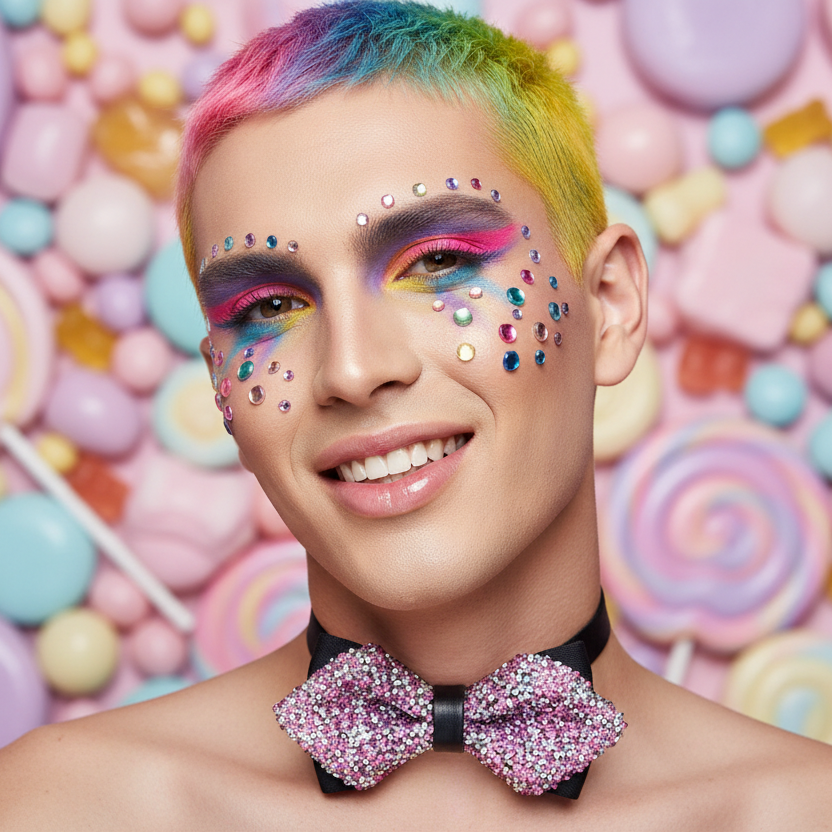 Close-up model wearing a glittering pink-and-silver sequined bow tie
