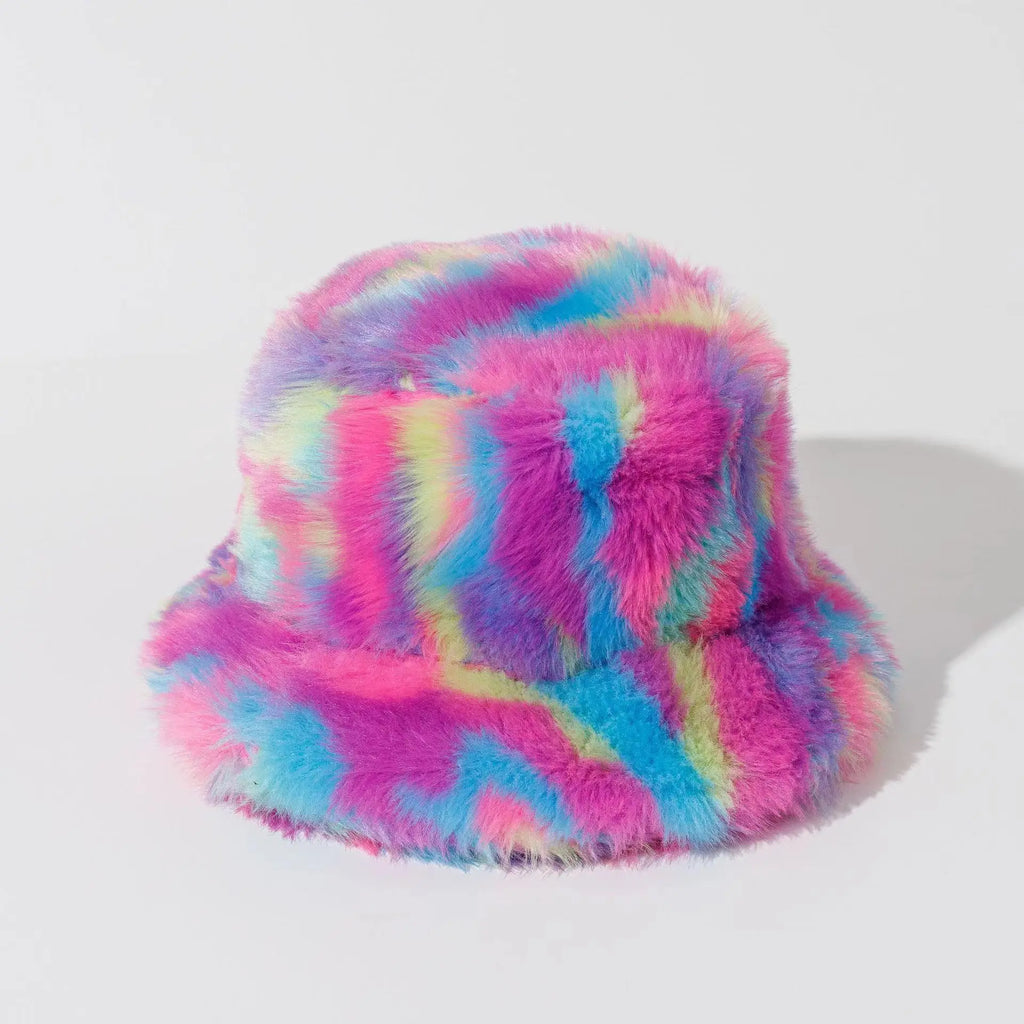 Fluffy multicolor faux-fur bucket hat with pink, blue, purple, and yellow swirls