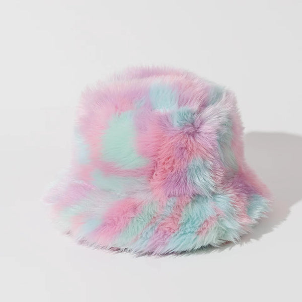 Pastel pink and mint fluffy bucket hat shown on a white surface