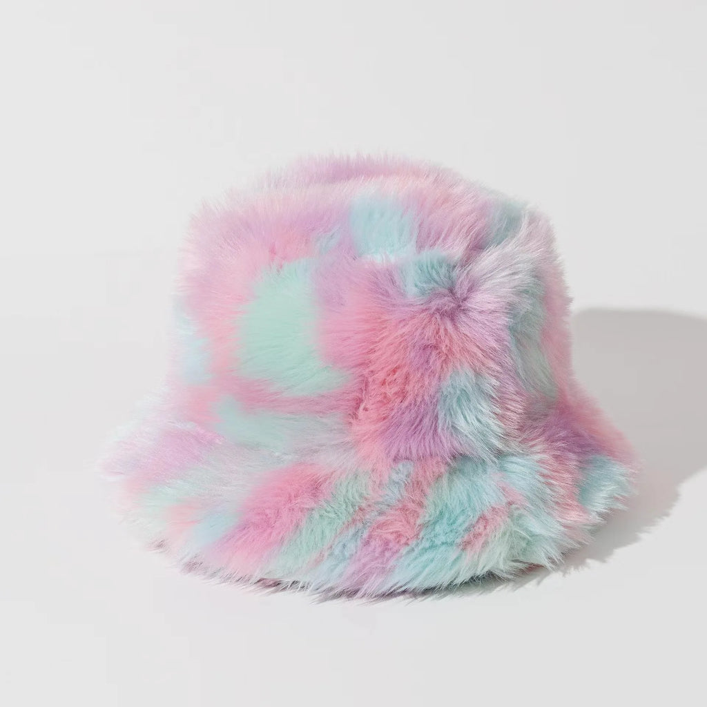 Pastel pink and mint fluffy bucket hat shown on a white surface