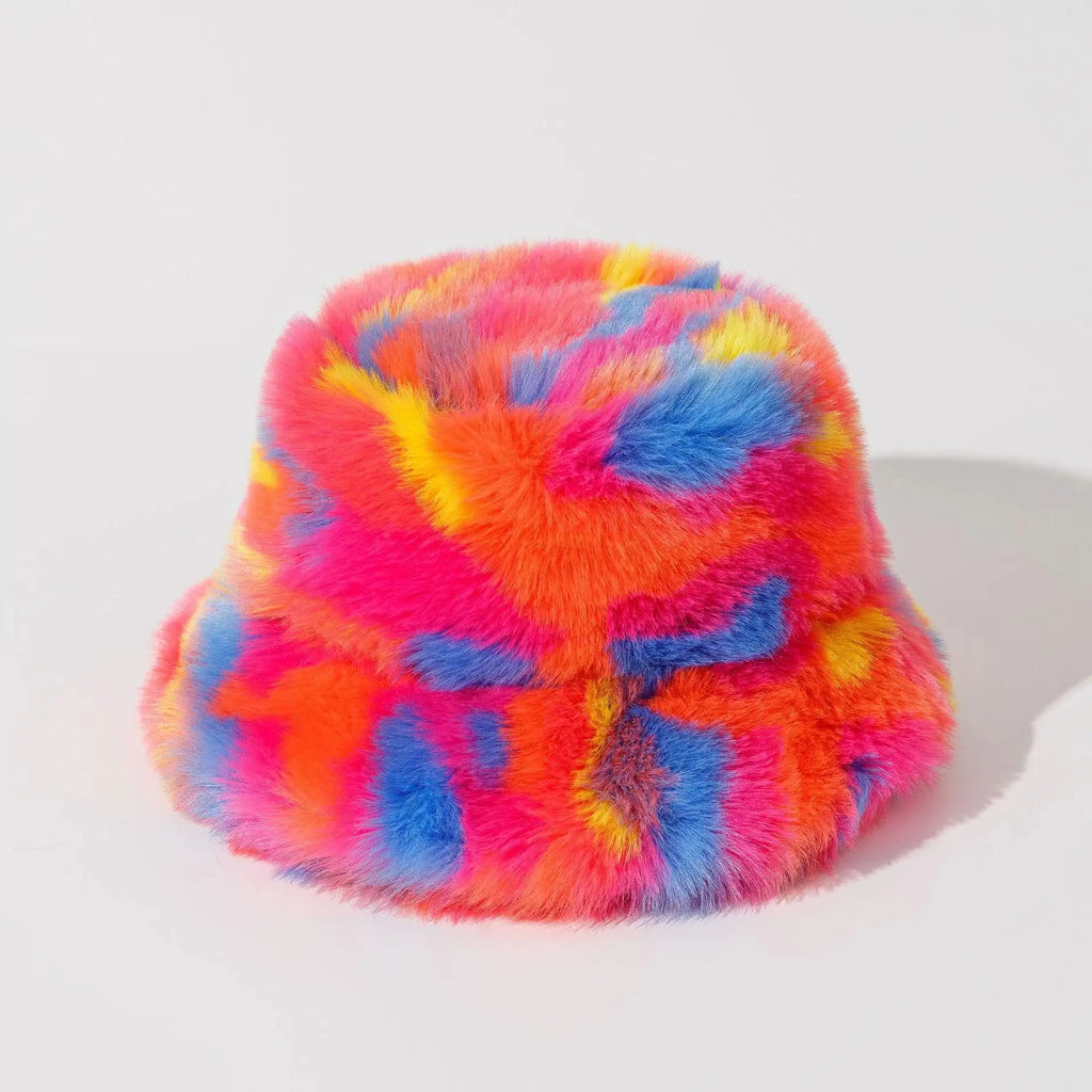Fuzzy multicolor tie-dye bucket hat with bright pink, orange, blue, and yellow patches