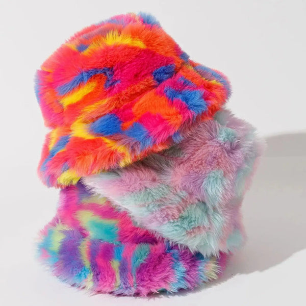 Vibrant Fabulously Fluffy Jungle Acid Bucket Hat with plush tie-dye faux-fur, showcasing bright colors and