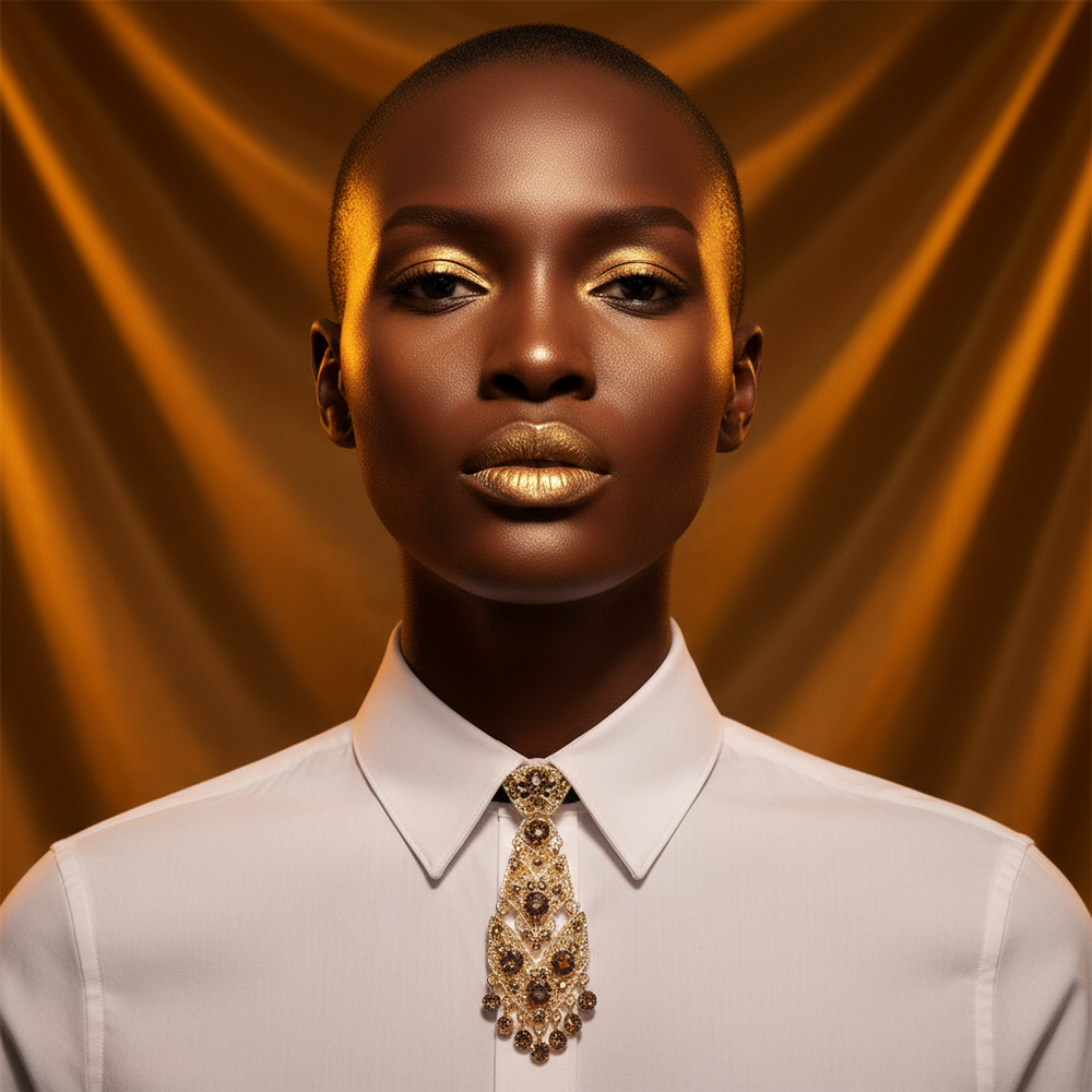 Front-facing model wearing a white shirt and ornate gold crystal necktie