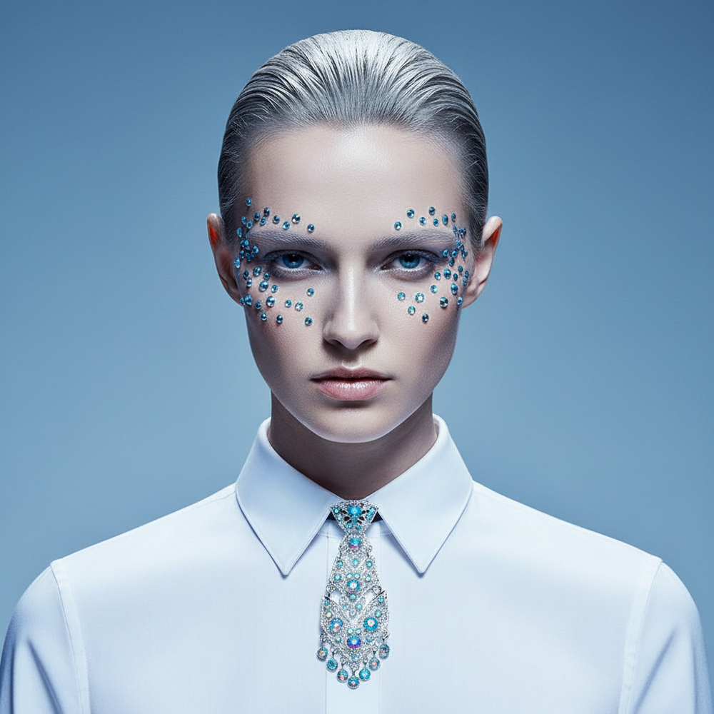 Front-facing model wearing a white shirt and sparkling blue crystal necktie